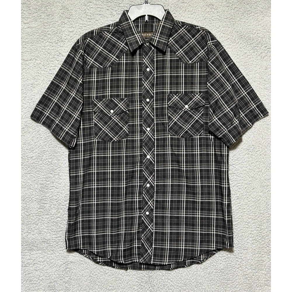Roper Shirt Mens Large Black White Plaid Western Pearl Snap Short Sleeve Cowboy